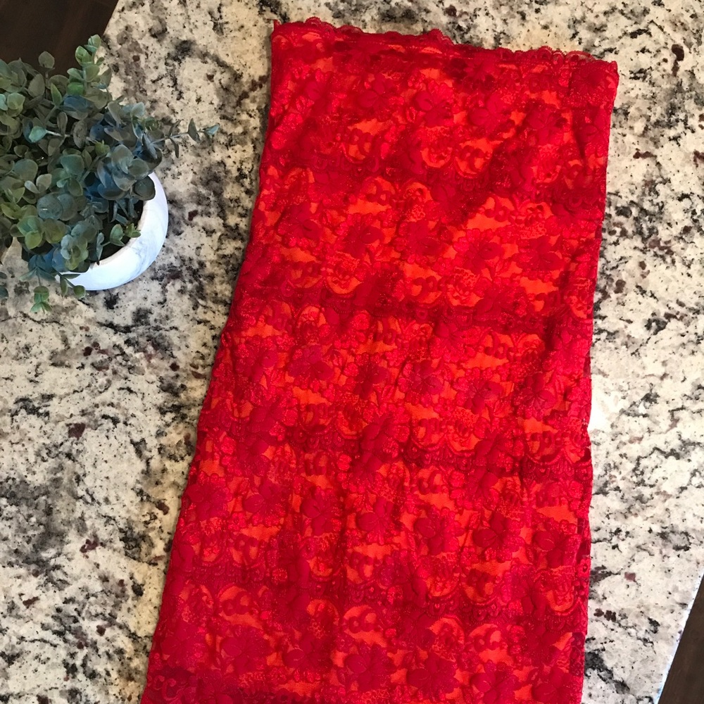 Red lace strapless tube dress